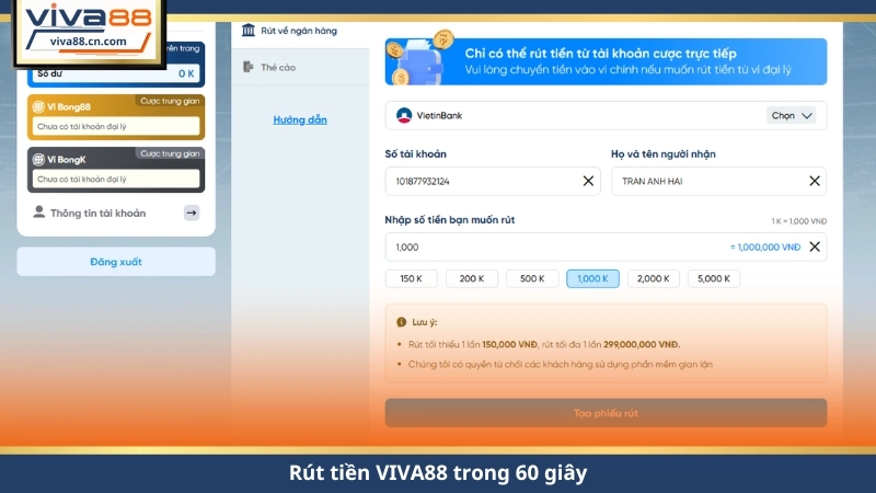Rút Tiền VIVA88 60 Giây – Không Lỗi, Không Mất Phí - Lorix